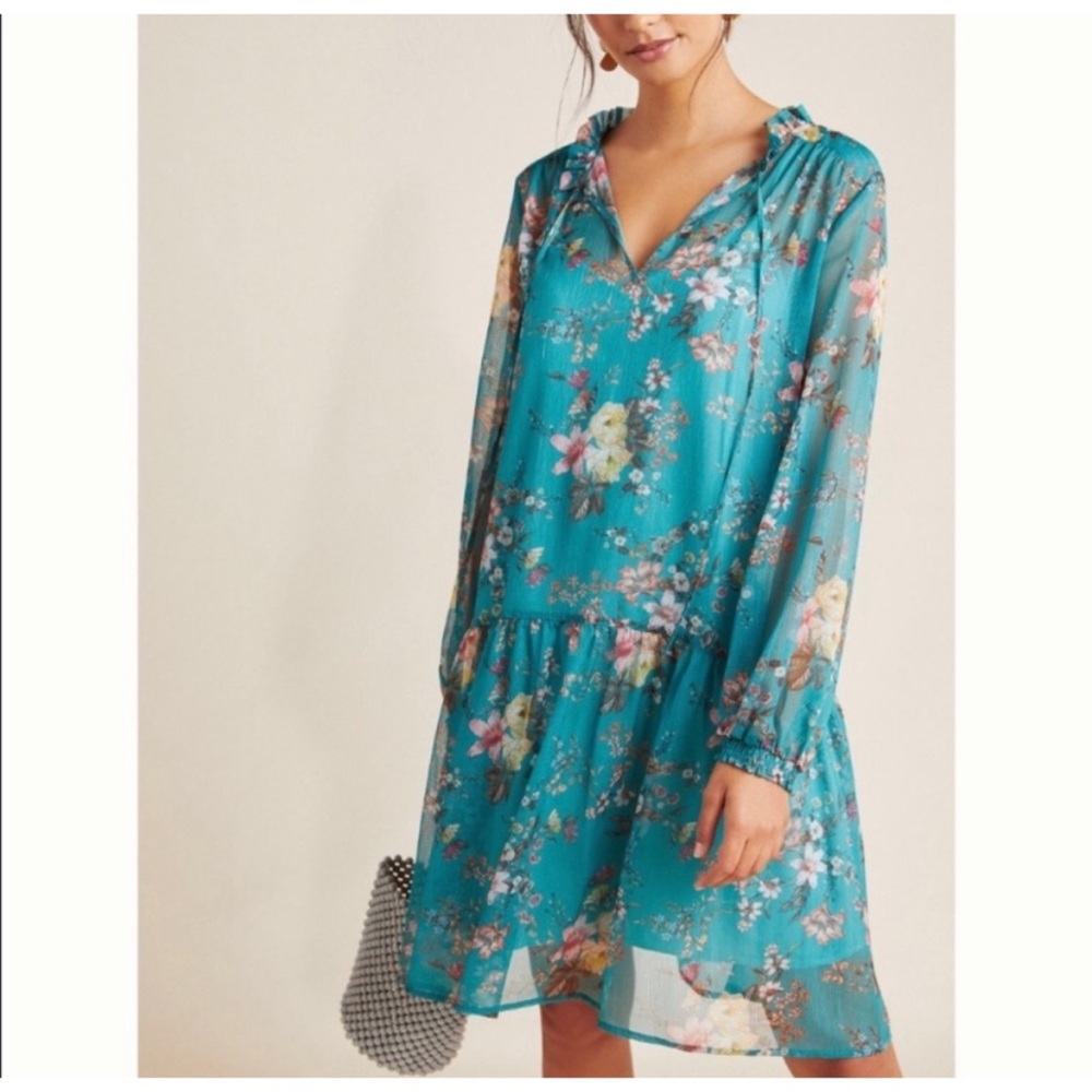 Anthropologie Maeve Emmy Blue Green Floral Tunic Dress